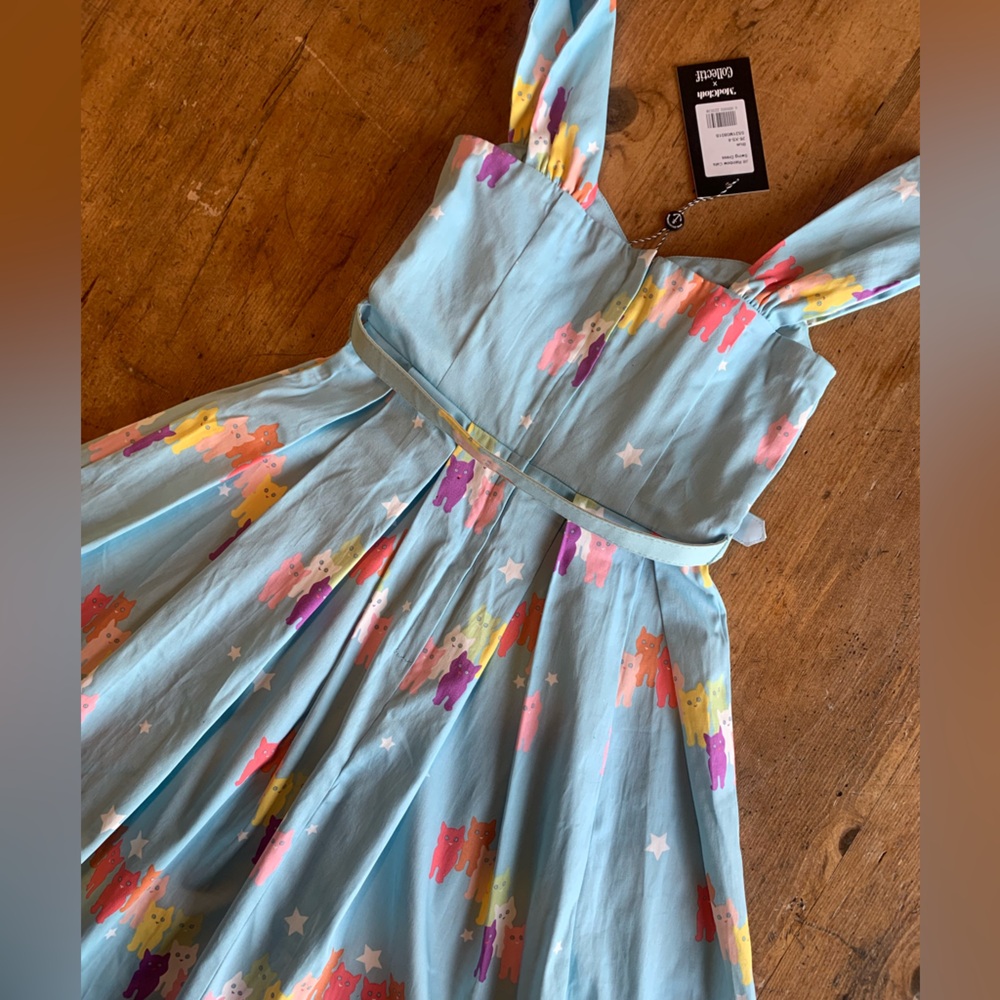 Light Blue Cat Print Fit-and-Flare Dress - Picture 15 of 16